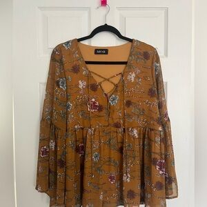 Gorgeous Yellow/Orange Floral Lace Up Long Sleeve Flowy Top